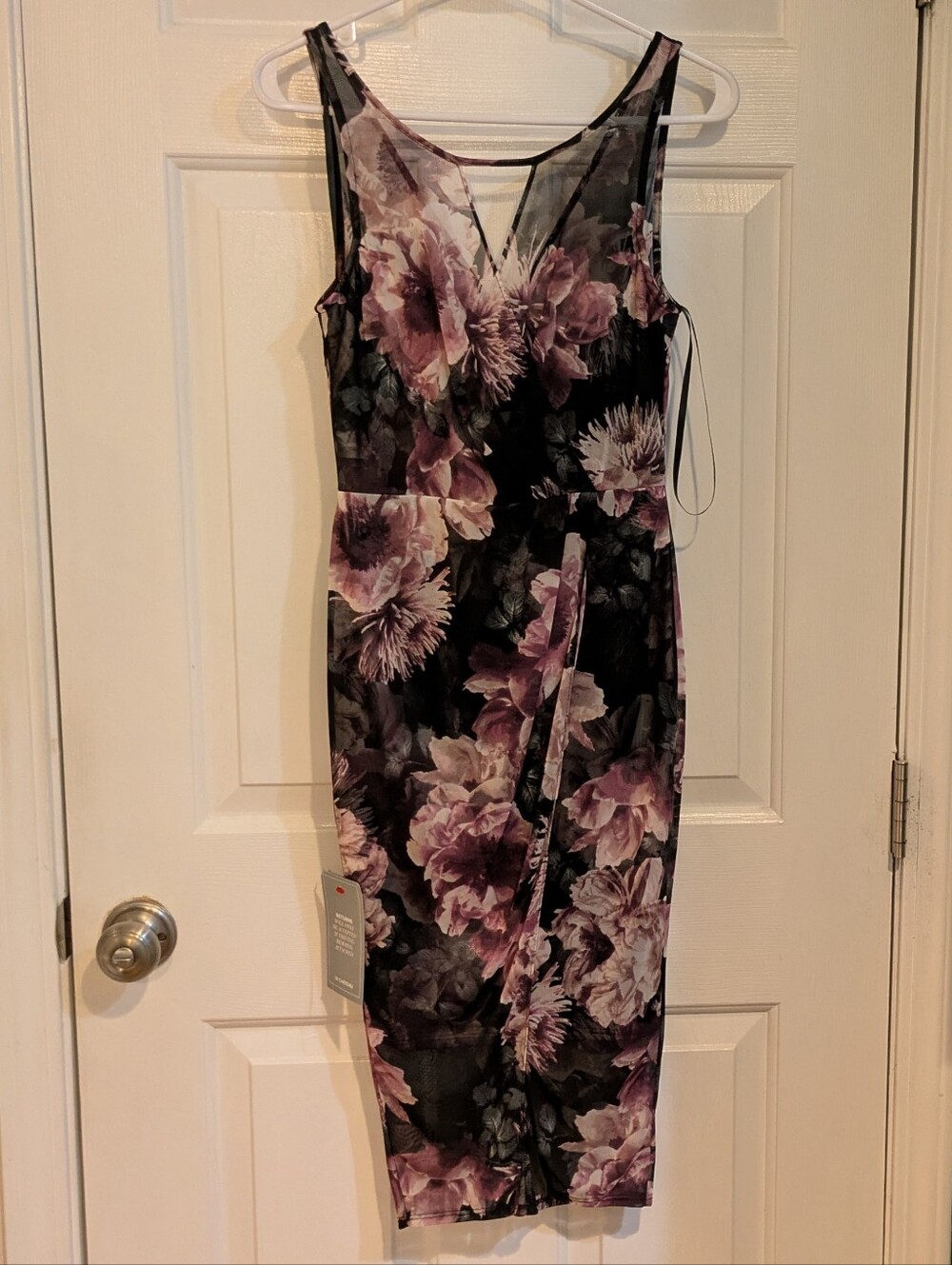 Sleeveless Black Floral Sheath Dress with Purple Bloom Print